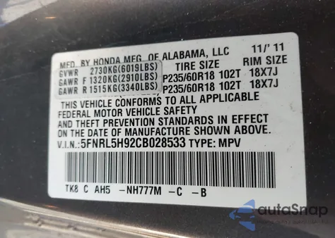 2012 Honda Odyssey Touring/Touring Elite from USA, damaged, VIN 5FNRL5H92CB028533